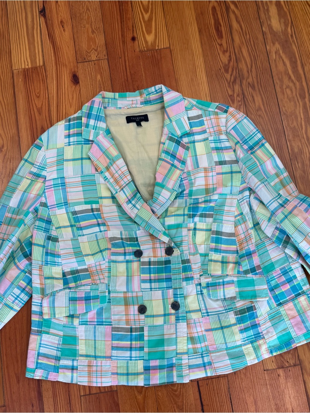 Talbots Pastel Plaid Cotton Blazer in Mint, Pink & Blue